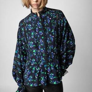 Zadig & Voltaire 20in Black Floral Tritelia Silk Blouse Oversized